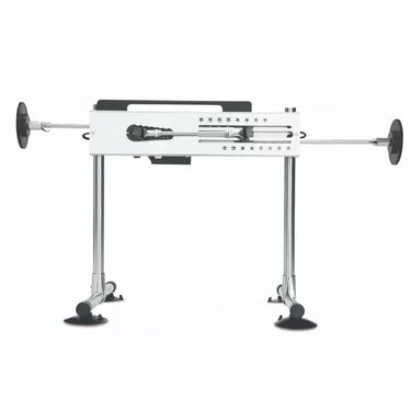 The sex machine displayed in a vertical position, showcasing its adjustable features and robust construction.